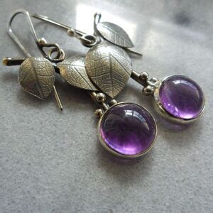 Boho Purple Beaded Faux Amethyst Leaf Dangle Earrings Silver Tone Nature